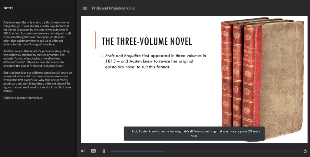 A still image of the Articulate Storyline player running the P&P Volume II module. At the left side of the screen, a full transcript of the current slide's narration is displayed.