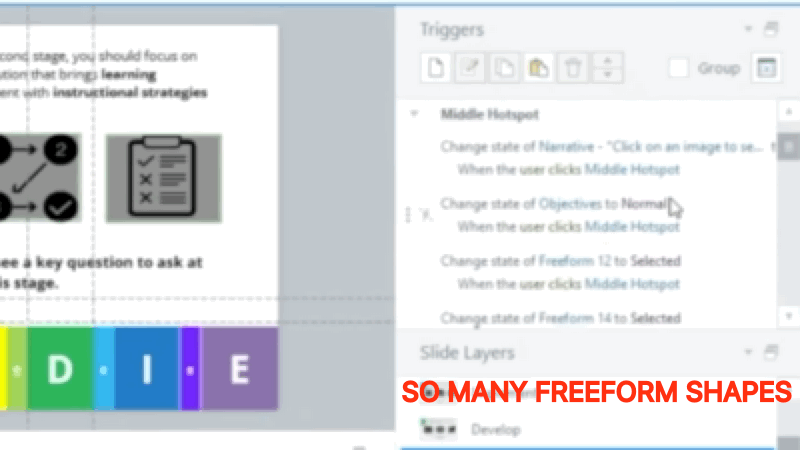 A GIF showing the trigger pane in Articulate Storyline. As I scroll through the tremendous number of freeform shape triggers, it's clear why designing with these icons was so inconvenient. As the big overlaid red letters read, "SO MANY FREEFORM SHAPES" (in all caps).