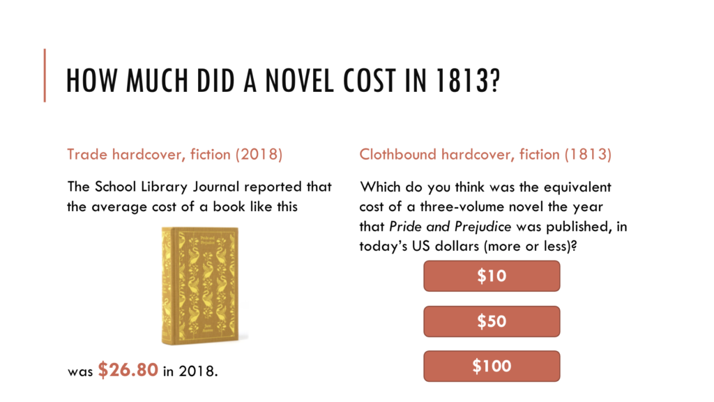 A slide called "How much did a novel cost in 1813?" In one column, students are informed that the average cost of a clothbound, fancy edition of Pride and Prejudice was $26.80 in 2018. The image of the book in question conveys luxuriousness. In the right column, students are asked to select the cost of a clothbound hardcover book in 1813, at the time Pride and Prejudice was published: $10, $50, or $100?