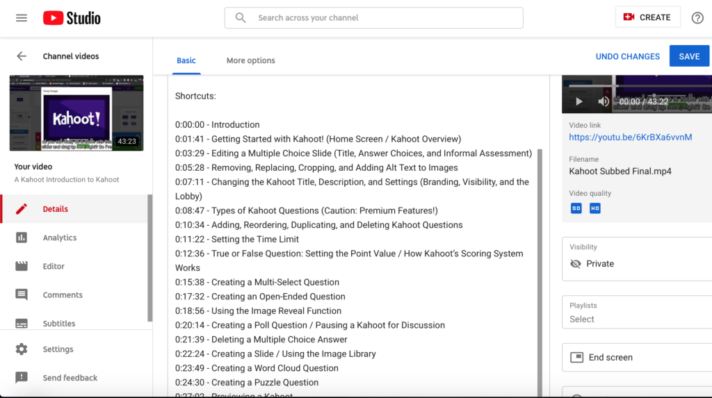 A screenshot of the timestamp shortcuts dividing the video into chapters in YouTube's Studio editor.