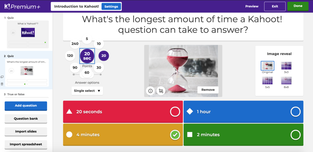 A multiple choice Kahoot! question as viewed from the designer interface. It reads "What's the longest amount of time a Kahoot! question can take to answer?" The choices are given as 20 seconds, 1 hour, 4 minutes, and 2 minutes.