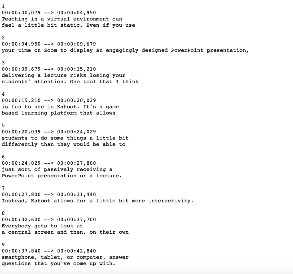 A screenshot of the SRT file as plain text. Each numbered entry is a single timecoded caption.