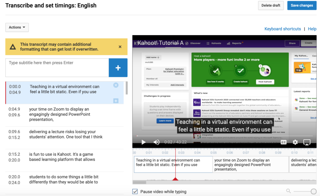 A screenshot of YouTube's caption editor. The timecoded captions are arranged in a sequential column at the left of the screen. The right portion of the screen shows video playback with the captions aligned to a timeline below.